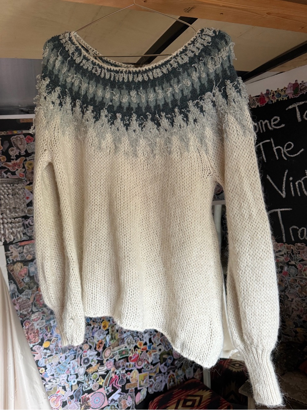 Free People Cream Sweater with Gray Fair Isle Yoke